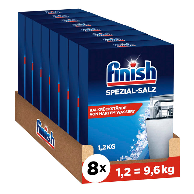 Finish Special Salt – trauku mazgājamās mašīnas sāls aizsardzībai pret kaļķakmeni un ūdens traipiem – vairāku iepakojumu komplekts ar 8 x 1,2 kg