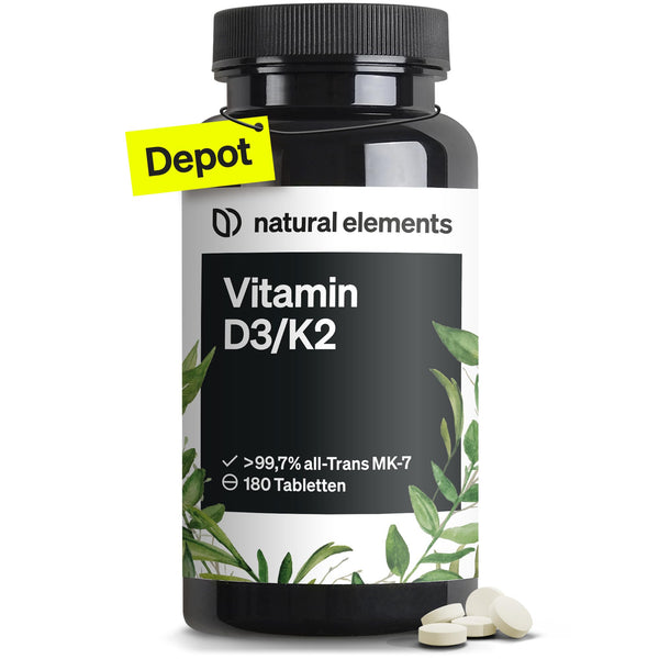 D3 vitamīns + K2 Depot – 180 tabletes – Augstākās kvalitātes: K2VITAL® no Kappa – 99,7+% All-Trans K2-MK7 + 5000 SV D3 vitamīns – augsta deva, bez piedevām – ražots Vācijā un laboratorijā pārbaudīts
