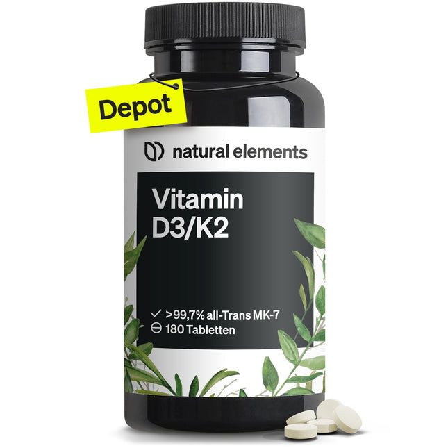 D3 vitamīns + K2 Depot – 180 tabletes – Augstākās kvalitātes: K2VITAL® no Kappa – 99,7+% All-Trans K2-MK7 + 5000 SV D3 vitamīns – augsta deva, bez piedevām – ražots Vācijā un laboratorijā pārbaudīts