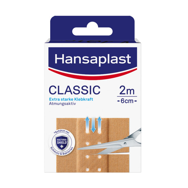 Hansaplast Classic plāksteri (2 m x 6 cm), griežami brūču plāksteri ar īpaši spēcīgu līmi un baktēriju aizsargu, elastīgs un elpojošs pārsējs