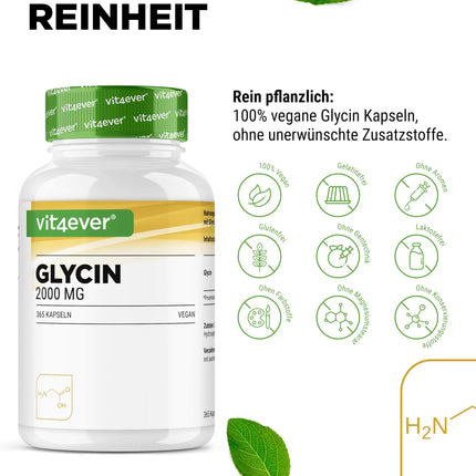 Glicīns - 365 kapsulas - Augstas koncentrācijas ar 2000 mg L-glicīna vienā dienas devā - Īpaši augsta tīrības pakāpe - Bez piedevām - Vegāns