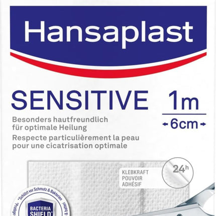Hansaplast Sensitive plāksteri (1 m x 6 cm), griežami un ādai draudzīgi brūču plāksteri ar baktēriju aizsardzību un drošu līmes stiprību, nesāpīgi noņemami plāksteri