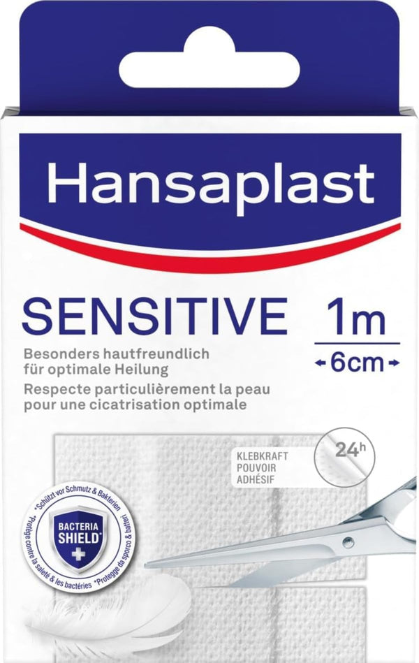 Hansaplast Sensitive plāksteri (1 m x 6 cm), griežami un ādai draudzīgi brūču plāksteri ar baktēriju aizsardzību un drošu līmes stiprību, nesāpīgi noņemami plāksteri
