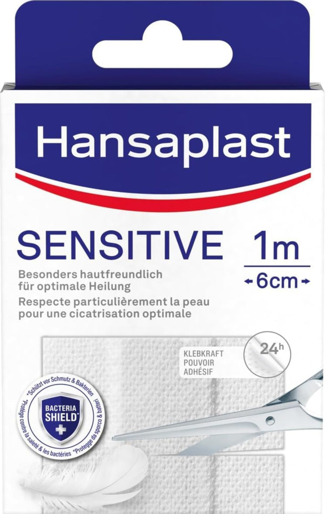 Hansaplast Sensitive plāksteri (1 m x 6 cm), griežami un ādai draudzīgi brūču plāksteri ar baktēriju aizsardzību un drošu līmes stiprību, nesāpīgi noņemami plāksteri