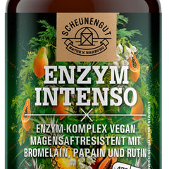 ENZYM INTENSO® bromelaīna kapsulas — SVARĪGI: Laboratorijā pārbaudīta formula ar bromelaīnu (5000 FIP), papaīnu, rutīnu | ananāsu un papaijas enzīms - 120 kuņģa sulu izturīgas kapsulas - SCHEUNENGUT®