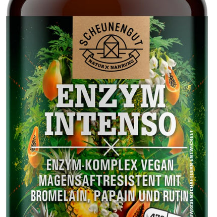 ENZYM INTENSO® bromelaīna kapsulas — SVARĪGI: Laboratorijā pārbaudīta formula ar bromelaīnu (5000 FIP), papaīnu, rutīnu | ananāsu un papaijas enzīms - 120 kuņģa sulu izturīgas kapsulas - SCHEUNENGUT®
