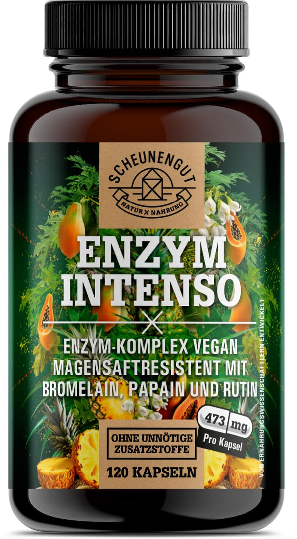 ENZYM INTENSO® bromelaīna kapsulas — SVARĪGI: Laboratorijā pārbaudīta formula ar bromelaīnu (5000 FIP), papaīnu, rutīnu | ananāsu un papaijas enzīms - 120 kuņģa sulu izturīgas kapsulas - SCHEUNENGUT®