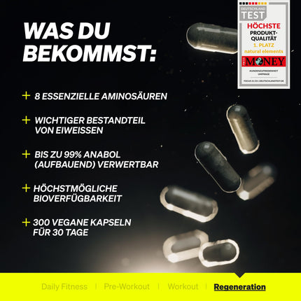 EAA kapsulas ar augstu devu – 300 kapsulas – 8 neaizvietojamās aminoskābes – vegānisks, bez nevajadzīgām piedevām – ražots Vācijā un laboratorijā pārbaudīts