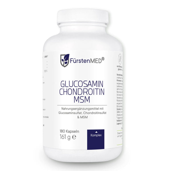 FürstenMED® glikozamīna hondroitīna MSM augsta deva + C vitamīns, 180 kapsulas kā 4 komponentu komplekss ar glikozamīnu, laboratoriski pārbaudīts un bez nevēlamām piedevām