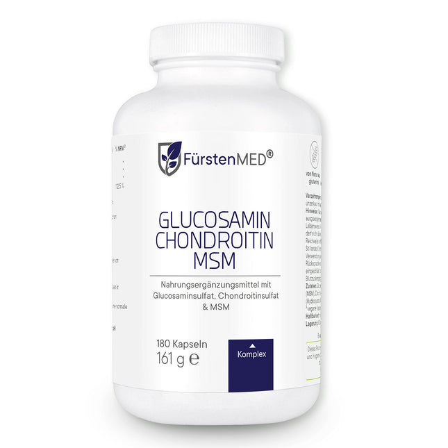 FürstenMED® glikozamīna hondroitīna MSM augsta deva + C vitamīns, 180 kapsulas kā 4 komponentu komplekss ar glikozamīnu, laboratoriski pārbaudīts un bez nevēlamām piedevām