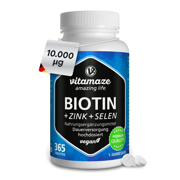 Augstas devas biotīns 10 000 mcg + selēns + cinks matu augšanai, ādai un nagiem, 365 vegānas tabletes 1 gadam, uztura bagātinātājs bez piedevām, ražots Vācijā