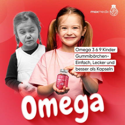 Omega 3 6 9 želejkonfektes bērniem - 400 mg perillas eļļas nodrošina Omega 3, Omega 6 un Omega 9 vienā porcijā - 120 vegānas želejkonfektes - 2 mēnešu krājumi - taukskābes ar zemeņu un aveņu garšu - maxmedix