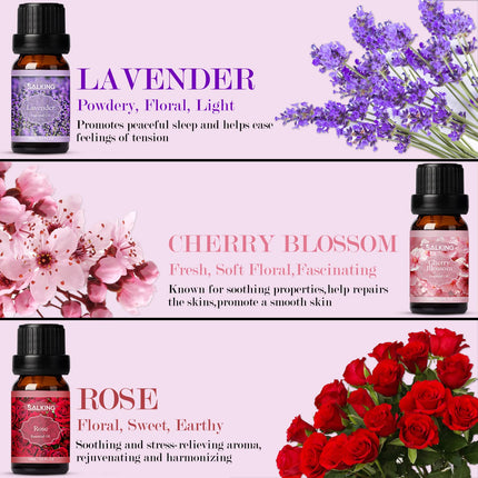 SALKING ēterisko eļļu komplekts, aromterapijas smaržeļļu dāvanu komplekts, 100% tīras smaržeļļas difuzoriem, smaržu lampām, mitrinātājiem, masāžai, 6 x 10 ml (lavanda, roze, ķiršu ziedi, jasmīns, gardēnija, kumelīte)