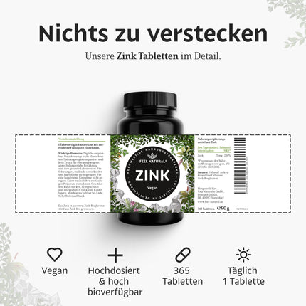 Cinka tabletes - 365 tabletes gada laikā - Augsta deva ar 25 mg dienā - Augsta kvalitāte: cinka bisglicināts - Laboratorijā pārbaudīts, bez piedevām, piemēram, magnija stearāta - Vegāns