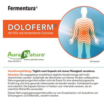 Aura Natura Fermentura Doloferm - ar PEA (palmitoiletiololamīdu), PQQ, MSM, mežrozīšu ekstraktu un fermentētu kurkumu | Atbalsta muskuļu, locītavu un muguras labsajūtu | 60 kapsulas