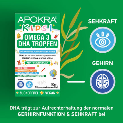 Omega 3 vegāns – bez zivju garšas – vegāna Omega 3 eļļa zīdaiņiem, maziem bērniem un bērniem – ilgtspējīga aļģu eļļa, alternatīva zivju eļļai – 50 ml | APOKRA Kids Vegan Omega 3 aļģu eļļa