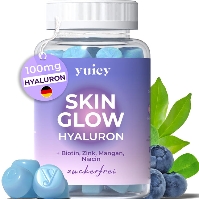 Yuicy Skin Glow - hialuronskābes želejkonfektes – bezcukura, augstas devas ādas vitamīni tīrai un skaistai ādai. Ar biotīnu, cinku un 6 citām uzturvielām. Vegāns un ražots Vācijā. 60 želejkonfektes.
