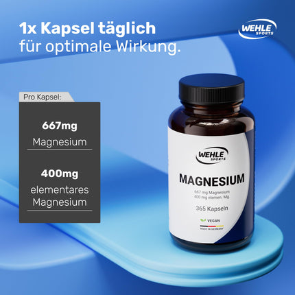 Magnija 400 mg kapsulas, augsta deva - 365 kapsulas (1 gads) 667 mg vienā kapsulā, no kuriem 400 mg elementārā magnija | Laboratorijā pārbaudīts. Vegāns - Wehle Sports