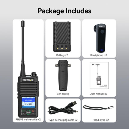 Retevis RB658 rācijas lietotne, Bluetooth divvirzienu radio 1800 mAh, AI trokšņu slāpēšana, 1,77 collu ekrāns, rācijas ar bezvadu austiņām, autoparkiem, transportlīdzekļu vadīšanai (2 iepakojumā, melnas)