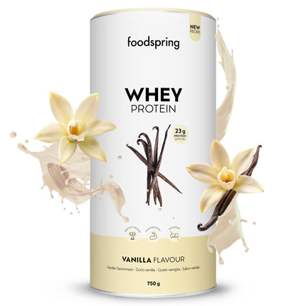 Foodspring - sūkalu proteīna pulveris ar vaniļas garšu – ar 23 g proteīna muskuļu veidošanai, perfekta šķīdība, ultrafiltrēts, bagāts ar BCAA un EAA – pilnvērtīga un garda garša (750 g)