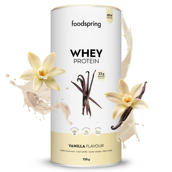 Foodspring - sūkalu proteīna pulveris ar vaniļas garšu – ar 23 g proteīna muskuļu veidošanai, perfekta šķīdība, ultrafiltrēts, bagāts ar BCAA un EAA – pilnvērtīga un garda garša (750 g)