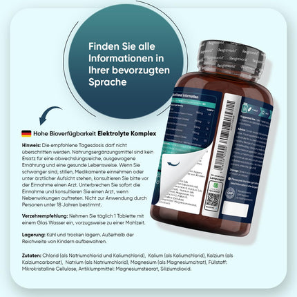 Elektrolītu tabletes - 900 mg vienā tabletē - ar magniju, kalciju, kāliju, nātriju un hlorīdu - 180 tabletes - Elektrolītu tablešu komplekss - Vegāns un bez glutēna - Bez ĢMO - By WeightWorld