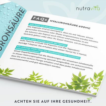 Nutravita® 600 mg hialuronskābes kapsulas ar augstu devu - ar 600 mg vienā kapsulā - 500-700 kDa - 90 kapsulas (3 mēneši) - Partijas testēšana un sertifikācija neatkarīgā Vācijas laboratorijā - Vegāns