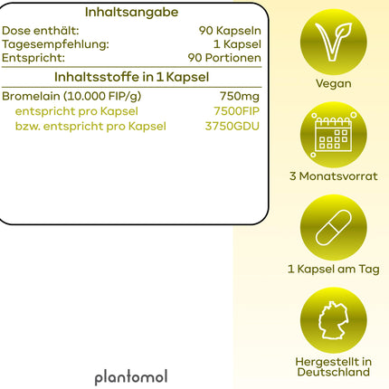 Bromelaīna kapsulas ar 7500 FIP/kapsulu - Augsta bromelaīna deva - 750 mg bromelaīna enzīma no ananasiem - Enzīmu aktivitāte 10 000 FIP/g - 3 mēnešu krājums