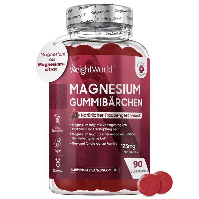Magnija gumijas konfektes 125 mg - 90 magnija citrāta gumijas konfektes pieaugušajiem un bērniem - noguruma, nervu sistēmas un elektrolītu mazināšanai (EFSA) - vīnogu garša - alternatīva kapsulām un tabletēm - WeightWorld