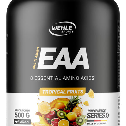 Wehle EAA pulveris 500g, smalks aminoskābju pulveris ar 8 neaizvietojamām aminoskābēm, Human Code Formula I. Garda garša un lieliska šķīdība - vegāns cukurs, aminoskābju dzēriens treniņiem (500g, tropiskie augļi).