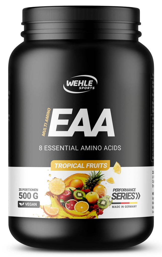 Wehle EAA pulveris 500g, smalks aminoskābju pulveris ar 8 neaizvietojamām aminoskābēm, Human Code Formula I. Garda garša un lieliska šķīdība - vegāns cukurs, aminoskābju dzēriens treniņiem (500g, tropiskie augļi).