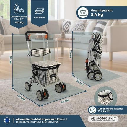 Mobiclinic®, iepirkšanās ratiņu rullītis, gājējs ar lielu iepirkumu maisiņu un sēdekli, 21L, salokāms, viegls, iepirkumu grozs, dubultā bremžu sistēma, staigāšanas palīgierīce, izgatavots no tērauda, ​​stabils