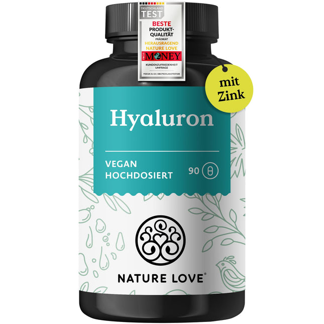 NATURE LOVE® hialuronskābes kapsulas ar cinku - augsta deva ar 500 mg - ādai, matiem un nagiem - 90 hialuronskābes kapsulas - vegānas, laboratoriski pārbaudītas, bez piedevām un ražotas Vācijā