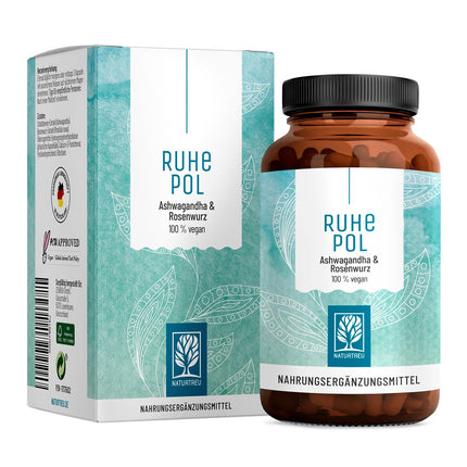 NATURTREU® Ruhepol - Ašvagandas kapsulas augstā devā - 120 vegānas kapsulas - 500 mg Ašvagandas dienā - Ašvagandas komplekss ar Rhodiola Rosea ekstraktu - Bez nevēlamām piedevām - Laboratorijā pārbaudīts