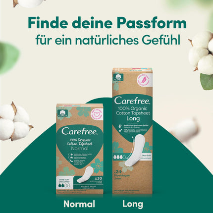 Carefree ikdienas ieliktnīši no 100% organiskās kokvilnas, garie virsējie ieliktnīši (24 gabali), izgatavoti no 100% sertificētas organiskās kokvilnas, lai nodrošinātu dabisku, sausu sajūtu, garais izmērs