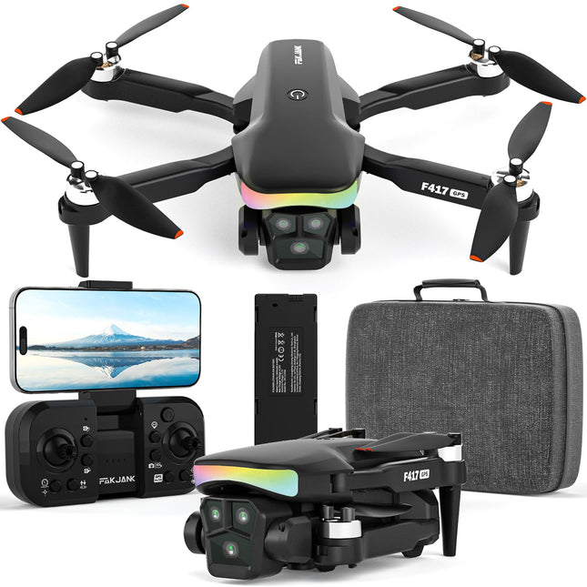 GPS drons ar 4k kameru pieaugušajiem un bērniem, RGB LED gaisma, 90° elektriski regulējama lēca, profesionāls GPS drons, 5 GHz WiFi tiešraides video, RC FPV F417 drona automātiska atgriešanās, sekojiet man, rokassoma, svars zem 250 g