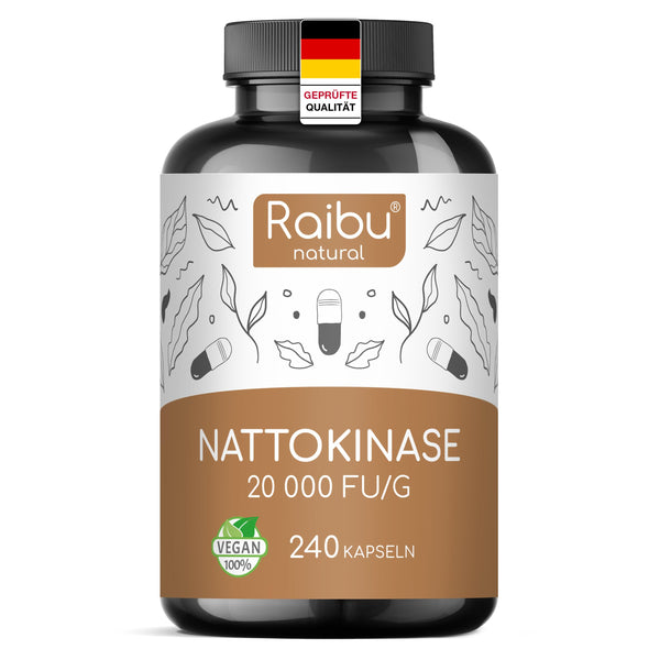 Nattokināzes kapsulas, augsta deva, 240 kapsulas, katra pa 100 mg (20 000 FU/g) - 8 mēnešu krājumi, laboratoriski pārbaudīts, vegāns - bez piedevām - Raibu