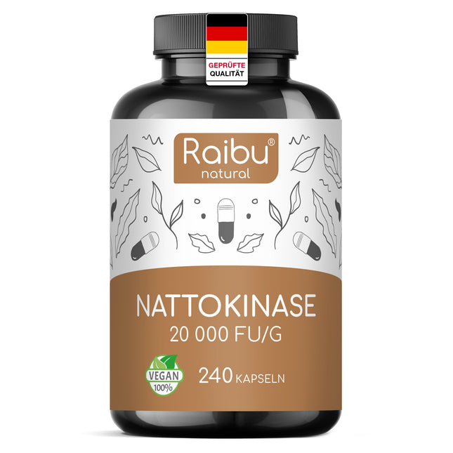 Nattokināzes kapsulas, augsta deva, 240 kapsulas, katra pa 100 mg (20 000 FU/g) - 8 mēnešu krājumi, laboratoriski pārbaudīts, vegāns - bez piedevām - Raibu