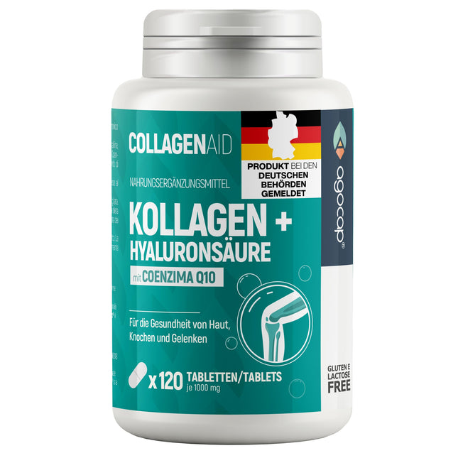 Kolagēna kapsulas - hialuronskābes un kolagēna komplekss, 120 kapsulas. Bagātināts ar koenzīmu Q10 un hialuronskābes kapsulām. Kolagēns locītavām un ādai, kolagēns. Laboratorijā pārbaudīts un reģistrēts Vācijā