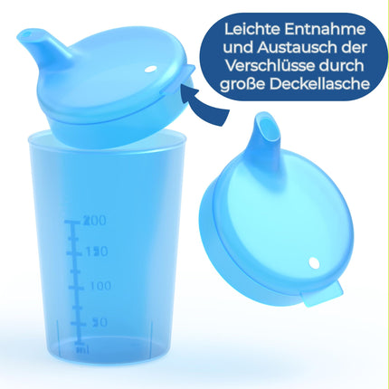Horn Medical 3 pieaugušo dzeršanas krūzīšu/dzeršanas palīglīdzekļu komplekti (250 ml) ar diviem vāciņiem (liels un mazs atvērums) katrā komplektā - krāsa pēc izvēles (zila)
