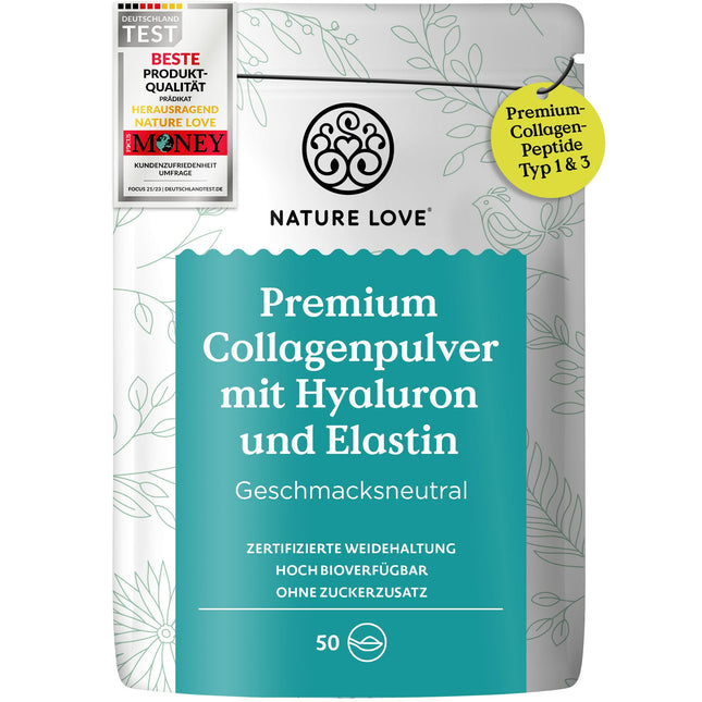 NATURE LOVE® Premium kolagēna pulveris ar hialuronskābi un elastīnu - 500 g kolagēna - 1. un 3. tipa peptīdi - bez garšas - kolagēns no ganībās barotām liellopiem - laboratoriski pārbaudīts