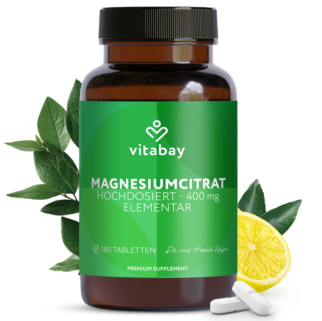 Vitabay magnija citrāts 2556 mg augsta deva - 180 tabletes vegāns un laboratorijā pārbaudīts - magnija citrāts - veicina normālu enerģijas metabolismu un normālu muskuļu darbību