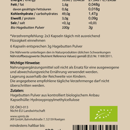 SPINTZ® 420 gab. Organiskās mežrozīšu kapsulas - vegānas mežrozīšu kapsulas ar lielu devu - 500 mg organiskā mežrozīšu pulvera no bioloģiskās lauksaimniecības - mežrozīšu pulveris | plastmasas nesaturošs iepakojums