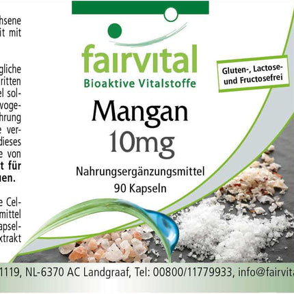 Fairvital | Mangāna kapsulas 10 mg - 90 kapsulas - AUGSTA DEVA - no mangāna glikonāta - vegāns - svarīgs mikroelements - mangāns