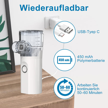 Inhalators pieaugušajiem un bērniem, USB-C inhalators, uzlādējams inhalators ar pārnēsājamu dizainu, viegli lietojams un tīrāms, efektīva atomizācija lietošanai mājās un ceļojumos