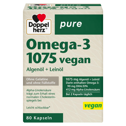 Doppelherz tīra Omega-3 1075 vegāns - Aļģu eļļa + linsēklu eļļa - Alfa-linolēnskābe veicina normāla holesterīna līmeņa uzturēšanu - 80 kapsulas