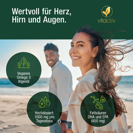 VITACTIV Omega 3 aļģu eļļas kapsulas - 60 kapsulas - jūras Omega 3 vegāns, augsta deva ar 1000 mg mikroaļģu eļļas vienā dienas devā - 450 mg Omega-3 taukskābes DHA un EPA (2:1) - sirdij, smadzenēm, acīm - laboratoriski pārbaudīts
