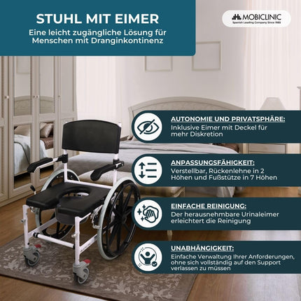 Mobiclinic®, tualetes ratiņkrēsls, regulējams augstums, pašgājējs, Calígula, saliekams kāju balsts un roku balsti, ar noņemamu bļodu, riteņu bremze, alumīnijs