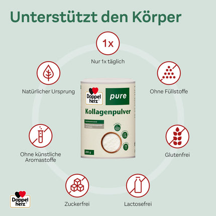 Doppelherz tīrs kolagēna pulveris - bez garšas - viegli šķīstošs - bez konservantiem vai aromatizētājiem - kontrolēta izejviela no ganību saimniecībām - 200 g
