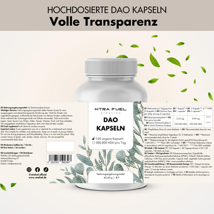 DAO kapsulas 120 gab. (liela deva) - 300 000 HDU dienā - DAO enzīms no zirņu proteīna - vegāns un laboratoriski pārbaudīts